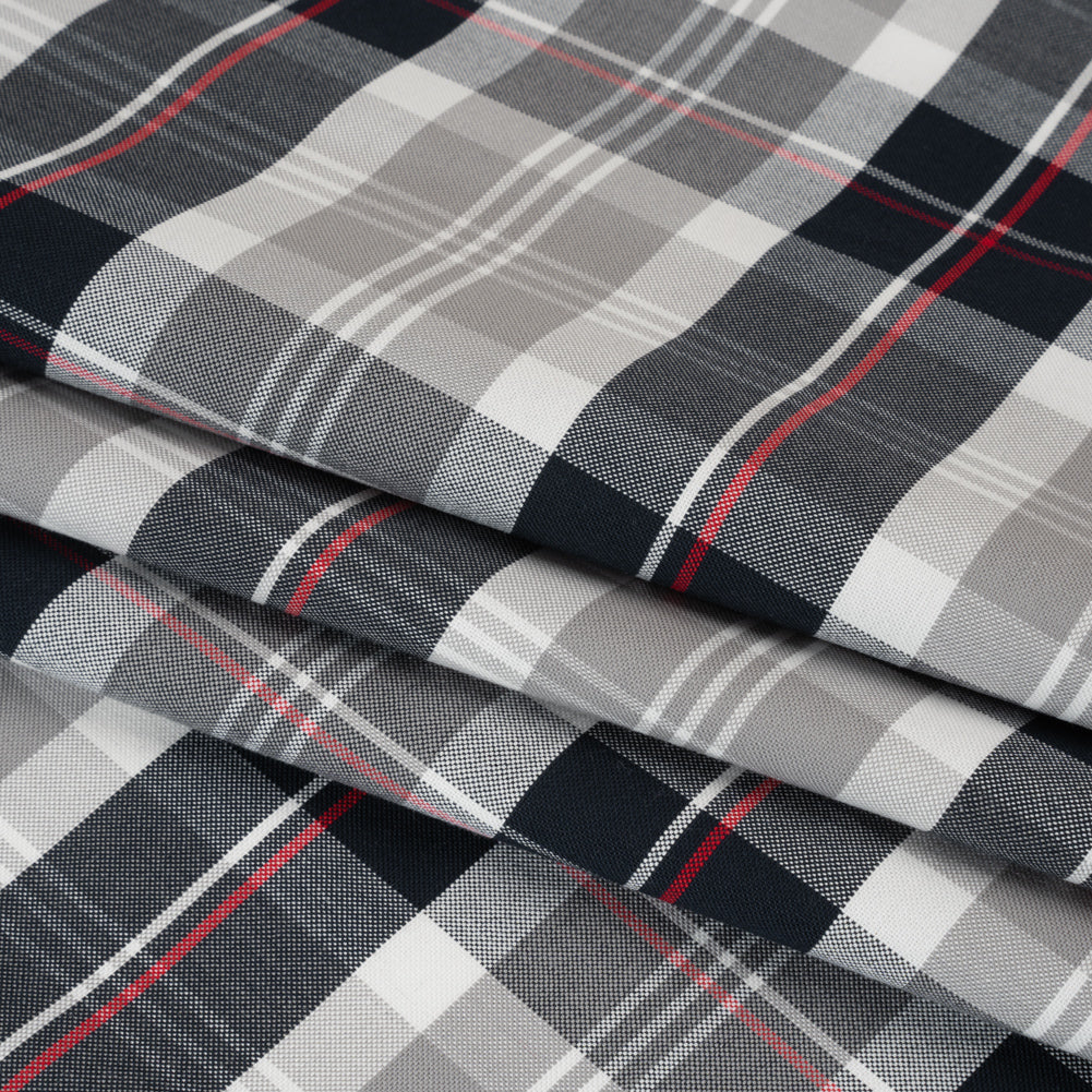 Cotton Oxford Shirting - Midnight Navy, Light Gray and Red Plaid - Deadstock Cotton Oxford Shirting - Midnight Navy, Light Gray and Red Plaid - Deadstock
