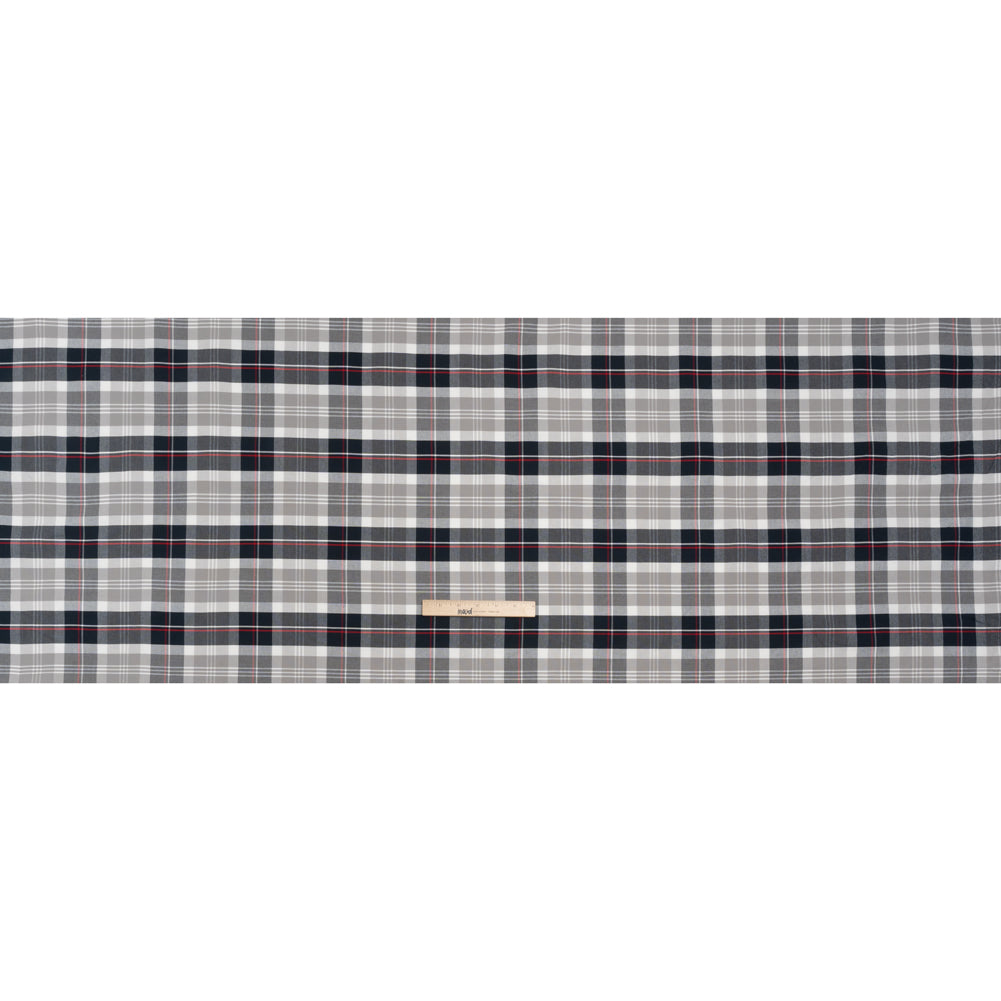 Cotton Oxford Shirting - Midnight Navy, Light Gray and Red Plaid - Deadstock Cotton Oxford Shirting - Midnight Navy, Light Gray and Red Plaid - Deadstock