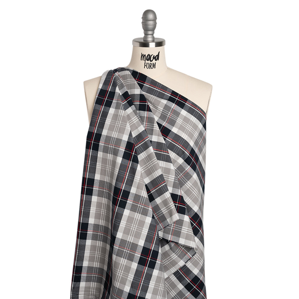 Cotton Oxford Shirting - Midnight Navy, Light Gray and Red Plaid - Deadstock Cotton Oxford Shirting - Midnight Navy, Light Gray and Red Plaid - Deadstock
