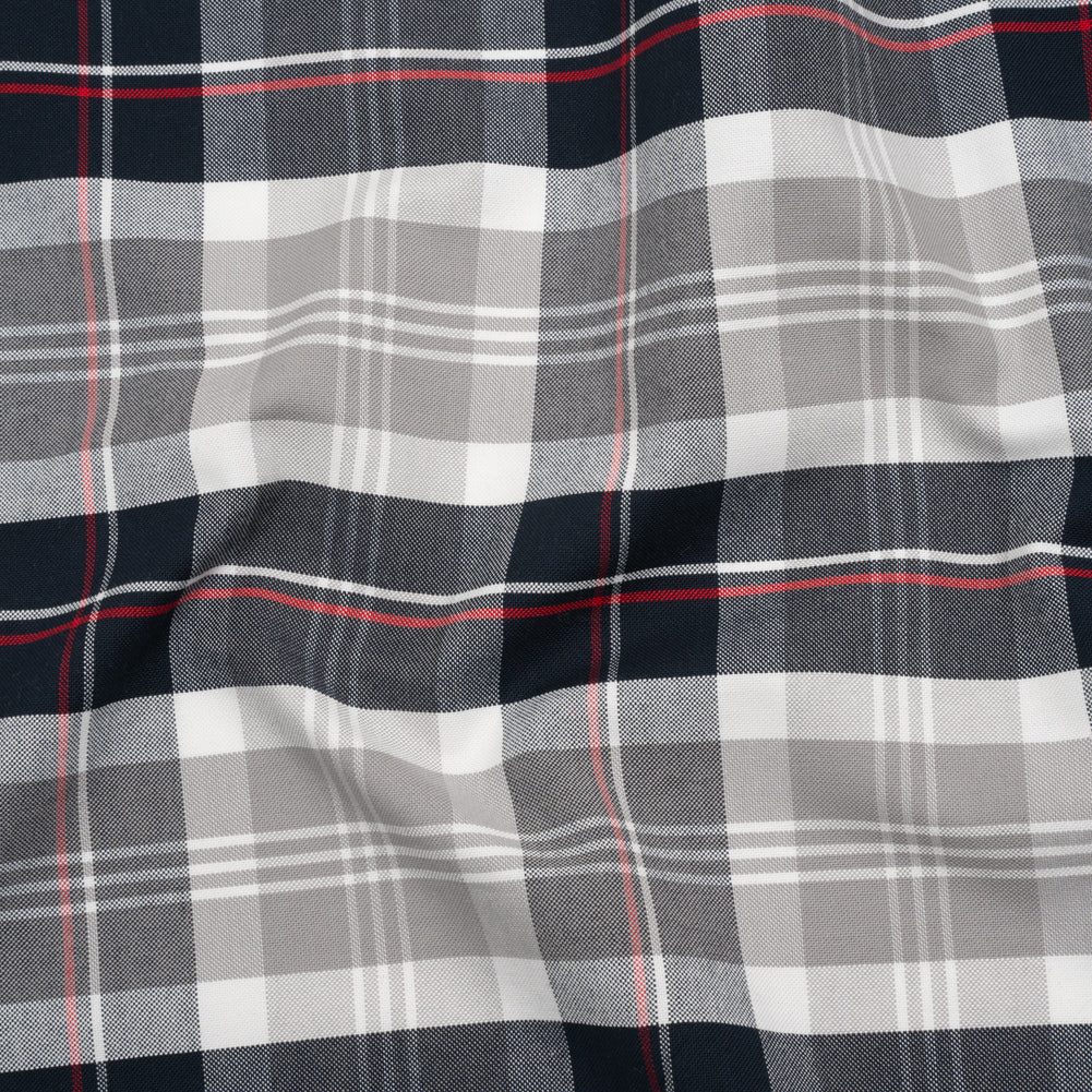 Cotton Oxford Shirting - Midnight Navy, Light Gray and Red Plaid - Deadstock Cotton Oxford Shirting - Midnight Navy, Light Gray and Red Plaid - Deadstock