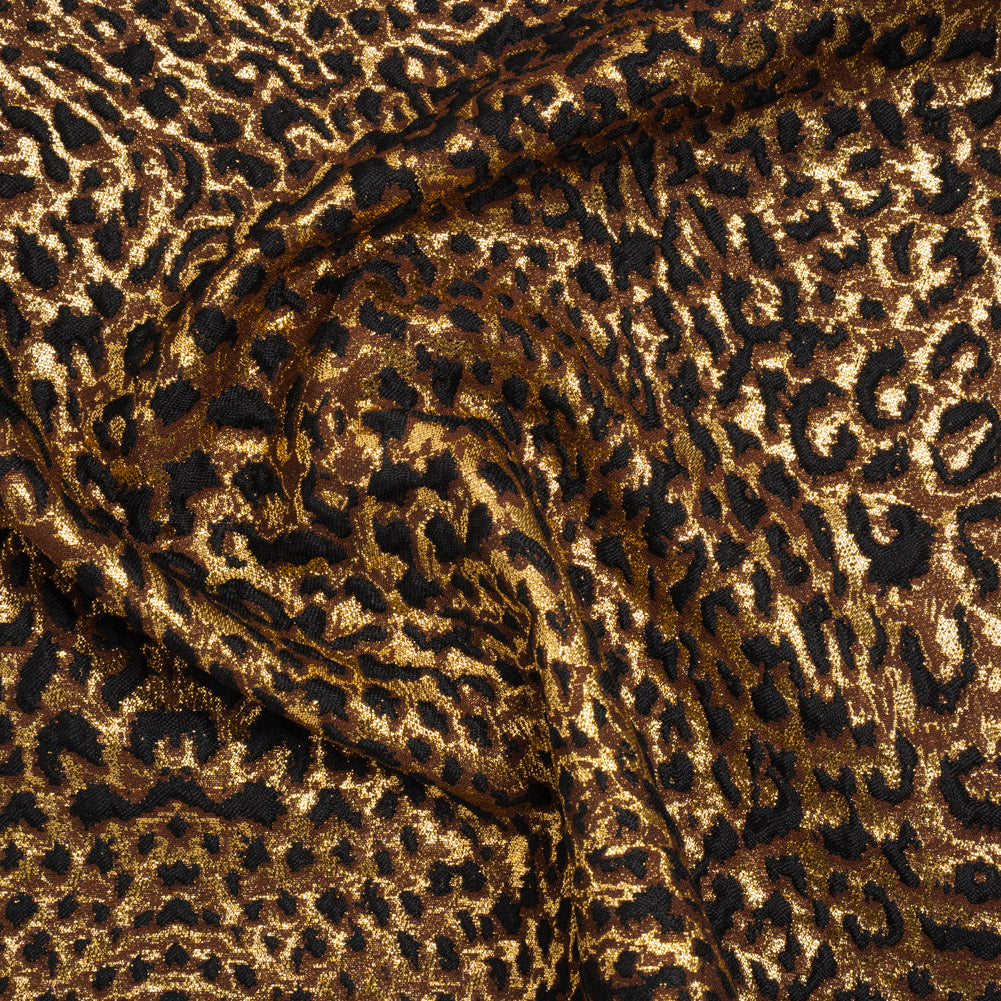 Metallic Polyester and Viscose Brocade - Brown, Black and Gold Animal Spots - Deadstock Metallic Polyester and Viscose Brocade - Brown, Black and Gold Animal Spots - Deadstock