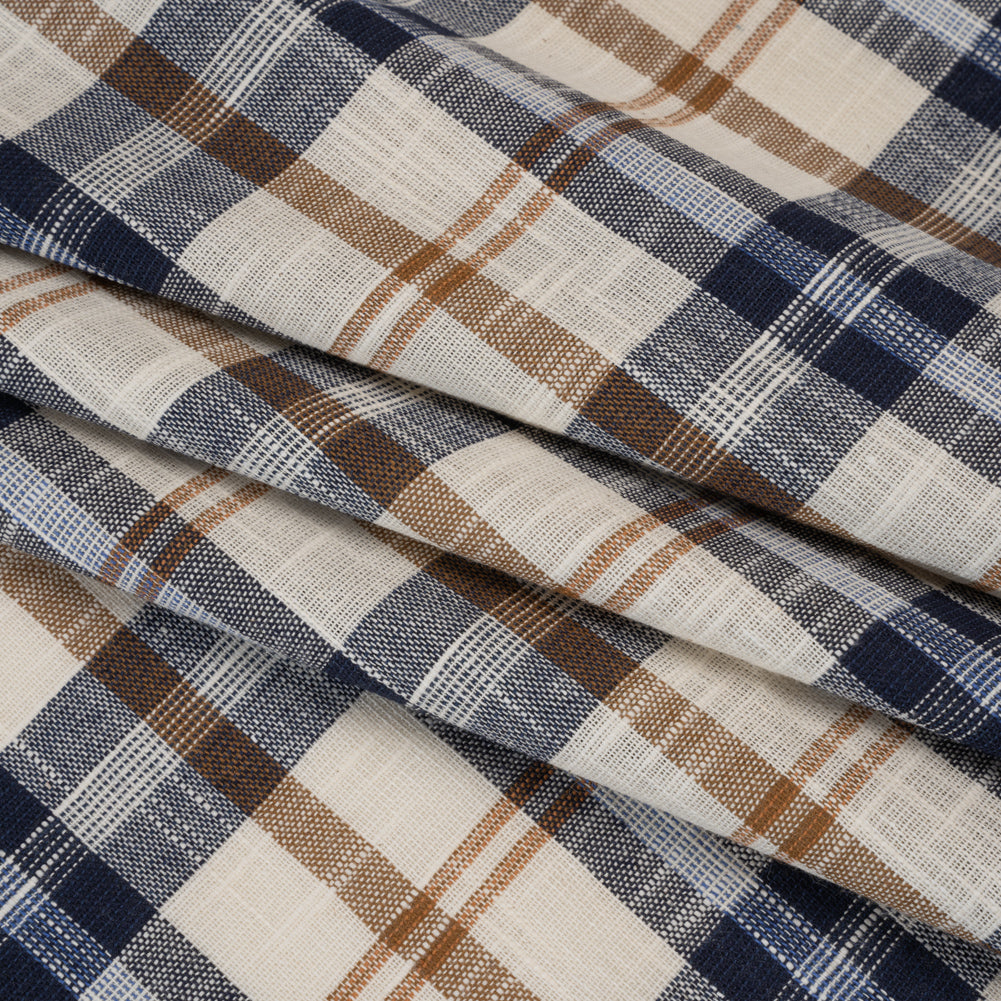 Lightweight Linen Woven - Navy, Camel Brown and Cream Plaid - Deadstock Lightweight Linen Woven - Navy, Camel Brown and Cream Plaid - Deadstock