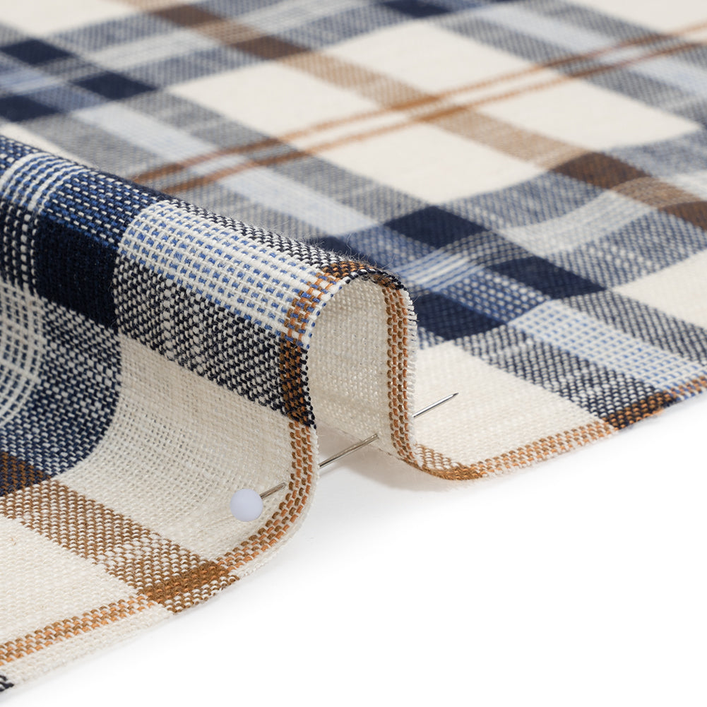 Lightweight Linen Woven - Navy, Camel Brown and Cream Plaid - Deadstock Lightweight Linen Woven - Navy, Camel Brown and Cream Plaid - Deadstock