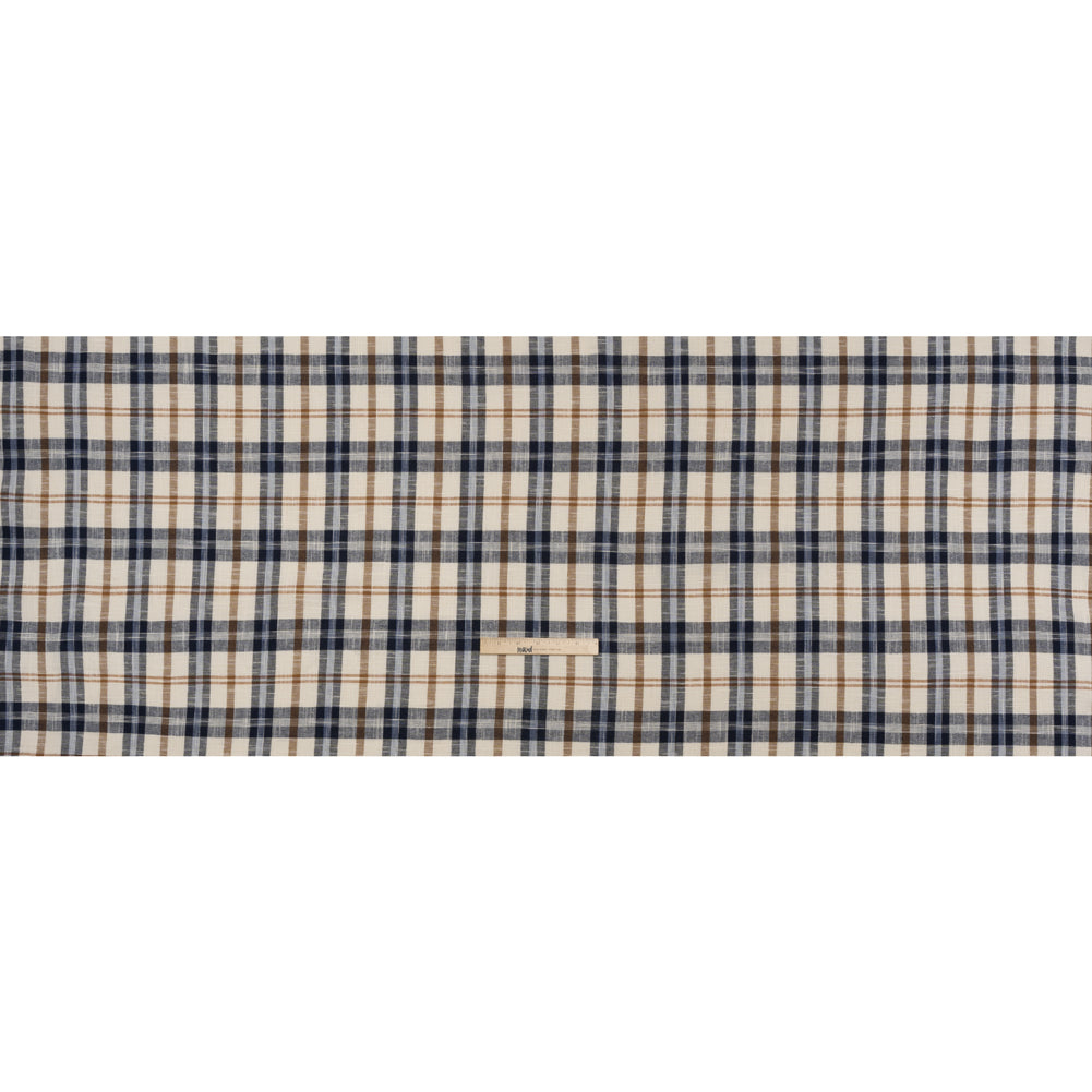 Lightweight Linen Woven - Navy, Camel Brown and Cream Plaid - Deadstock Lightweight Linen Woven - Navy, Camel Brown and Cream Plaid - Deadstock