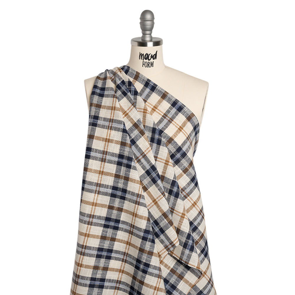 Lightweight Linen Woven - Navy, Camel Brown and Cream Plaid - Deadstock Lightweight Linen Woven - Navy, Camel Brown and Cream Plaid - Deadstock