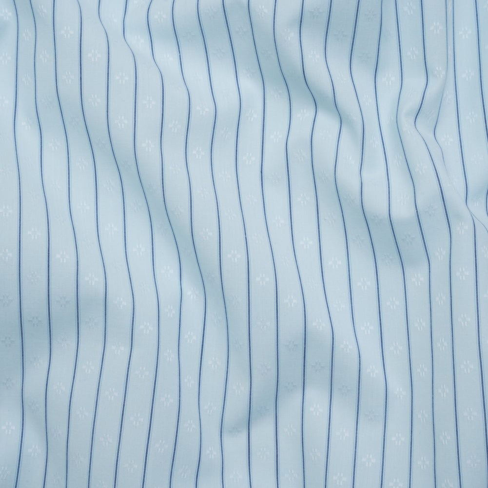 Cotton Dobby Shirting - Aqua Blue and Navy Stripes and Pluses - Deadstock Cotton Dobby Shirting - Aqua Blue and Navy Stripes and Pluses - Deadstock