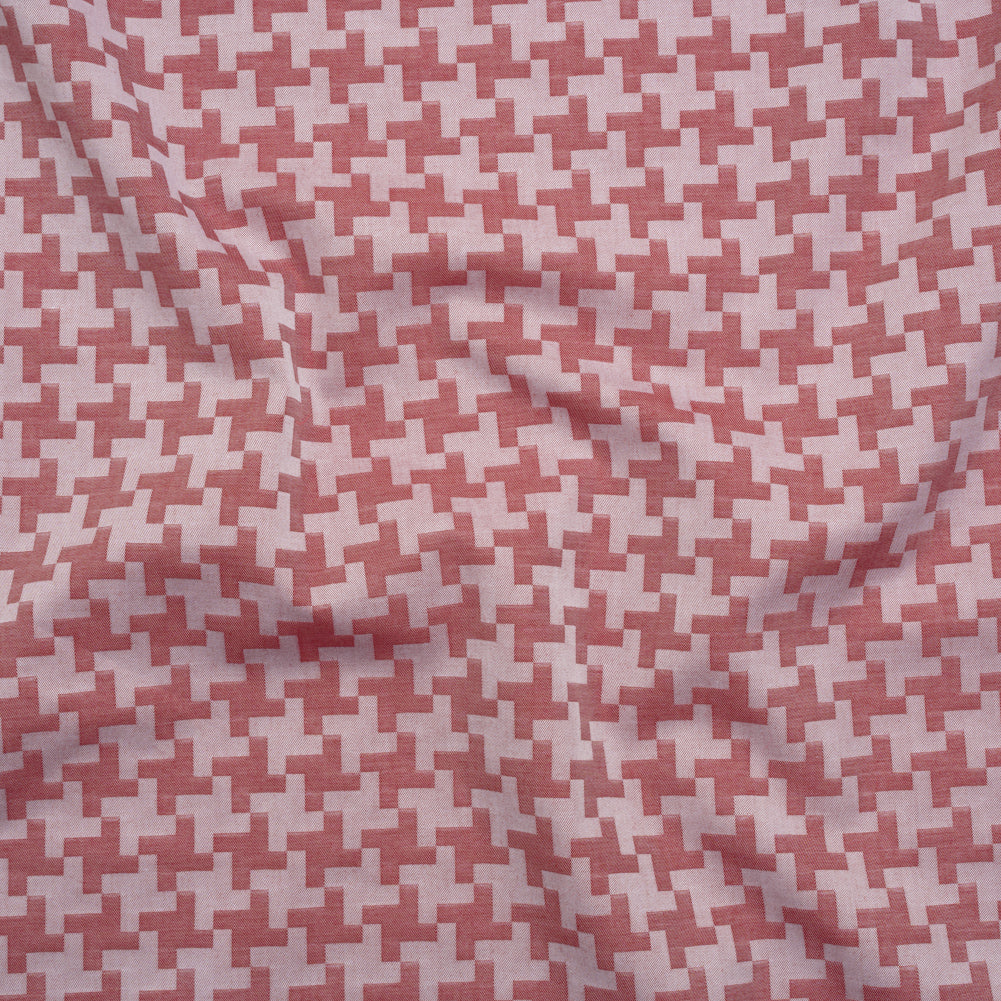 Cotton Twill Shirting - Red and White Geometric Houndstooth - Deadstock Cotton Twill Shirting - Red and White Geometric Houndstooth - Deadstock