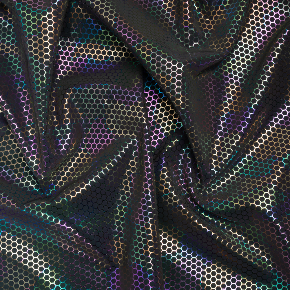 Reflective Fabric - Dark Gray Rainbow with Metallic Rainbow Oil Slick Honeycombs Reflective Fabric - Dark Gray Rainbow with Metallic Rainbow Oil Slick Honeycombs
