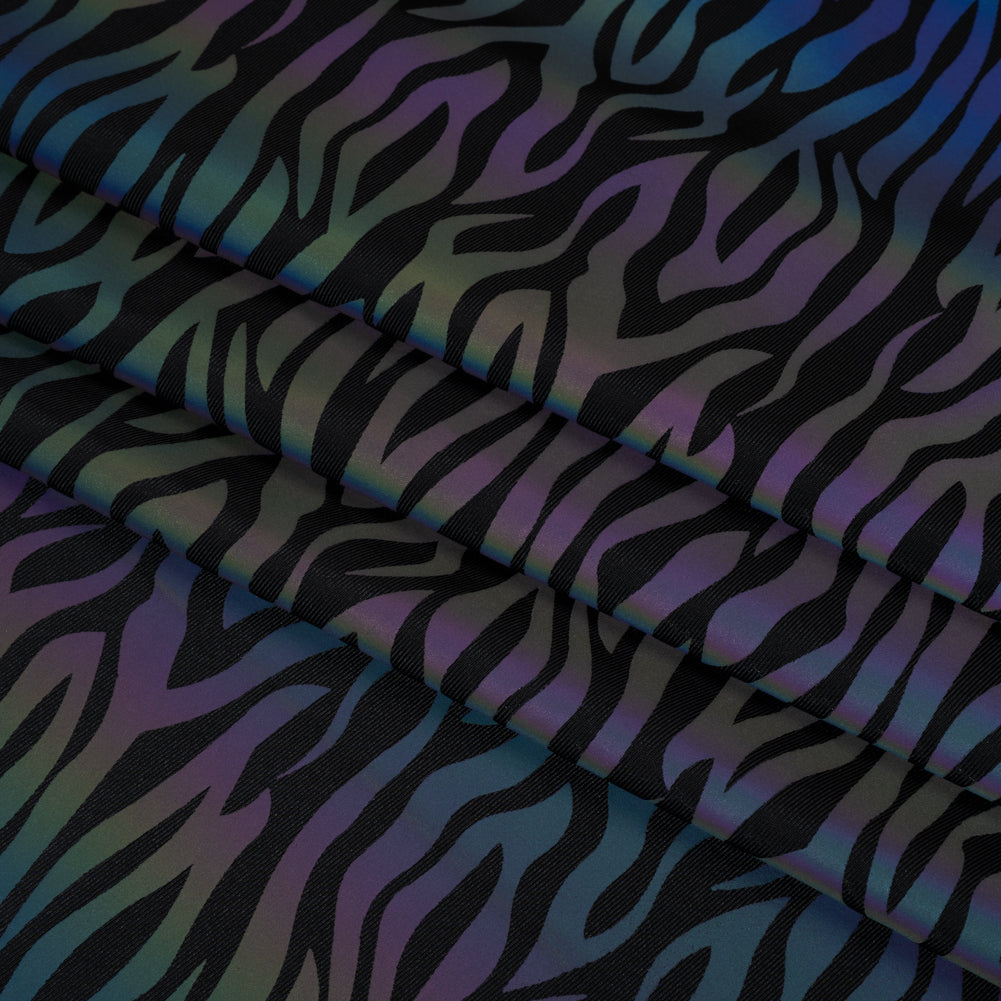 Reflective Print Spandex Knit with 4-Way Stretch - Rainbow and Black Zebra Stripe - Folded Reflective Print Spandex Knit with 4-Way Stretch - Rainbow and Black Zebra Stripe - Folded