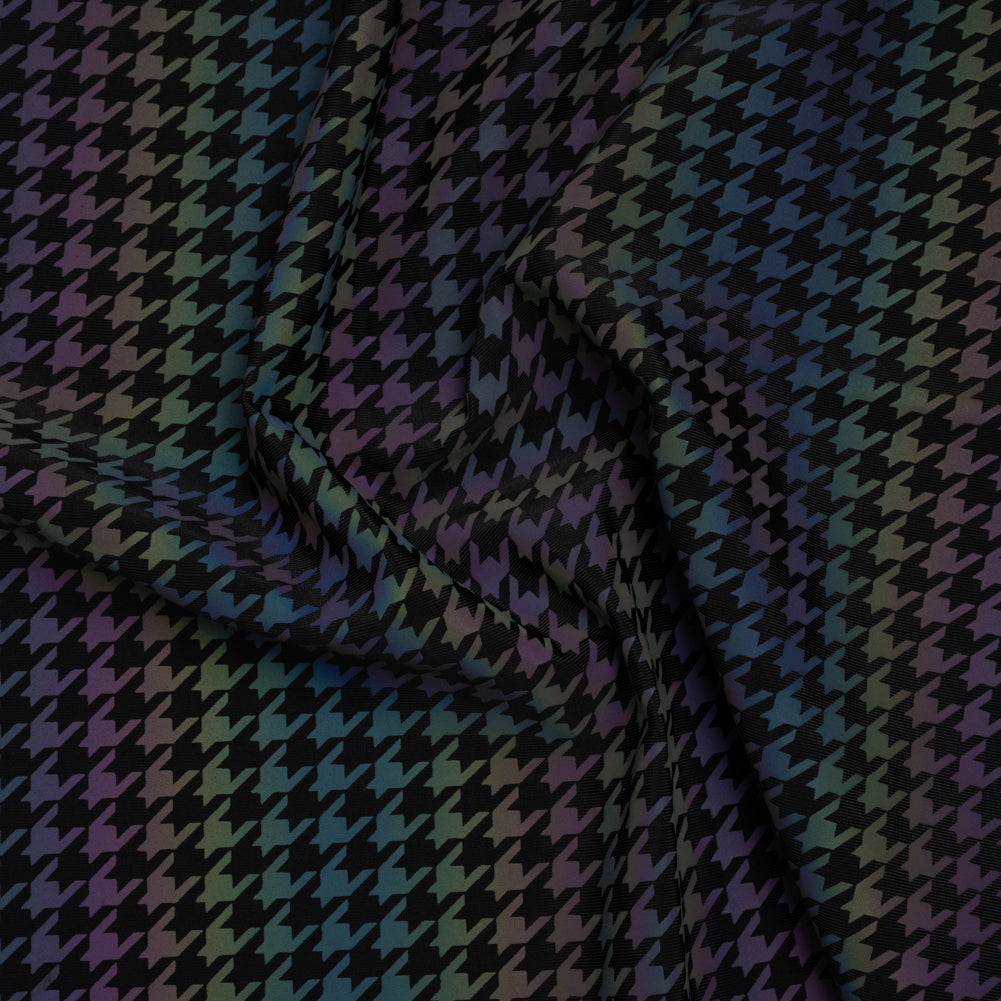Reflective Print Spandex Knit with 4-Way Stretch - Rainbow and Black Houndstooth Reflective Print Spandex Knit with 4-Way Stretch - Rainbow and Black Houndstooth