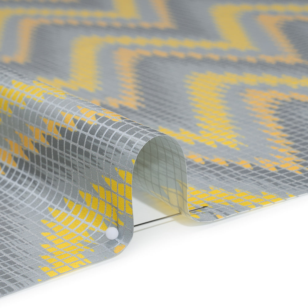 Reflective Print Fabric - Yellow and Gray Ikat Zig Zag with Silver Gray Grid Detail Reflective Print Fabric - Yellow and Gray Ikat Zig Zag with Silver Gray Grid Detail