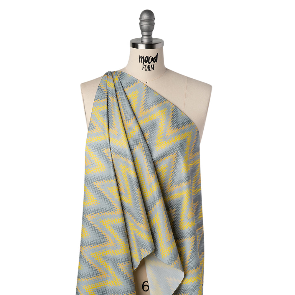 Reflective Print Fabric - Yellow and Gray Ikat Zig Zag with Silver Gray Grid Drape Reflective Print Fabric - Yellow and Gray Ikat Zig Zag with Silver Gray Grid Drape
