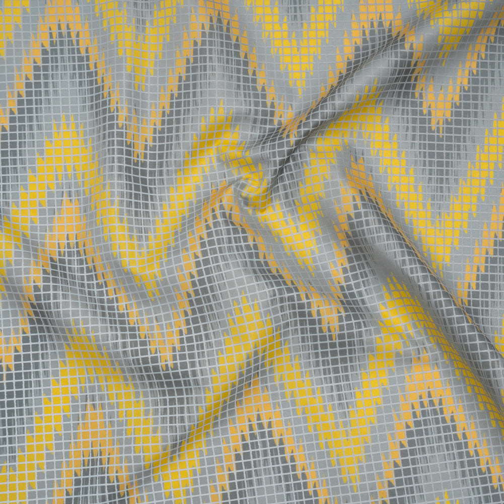 Reflective Print Fabric - Yellow and Gray Ikat Zig Zag with Silver Gray Grid Reflective Print Fabric - Yellow and Gray Ikat Zig Zag with Silver Gray Grid