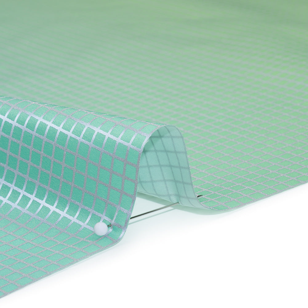 Reflective Print Fabric - Sky Blue and Lime Green Ombre with Silver Gray Grid - Detail Reflective Print Fabric - Sky Blue and Lime Green Ombre with Silver Gray Grid - Detail