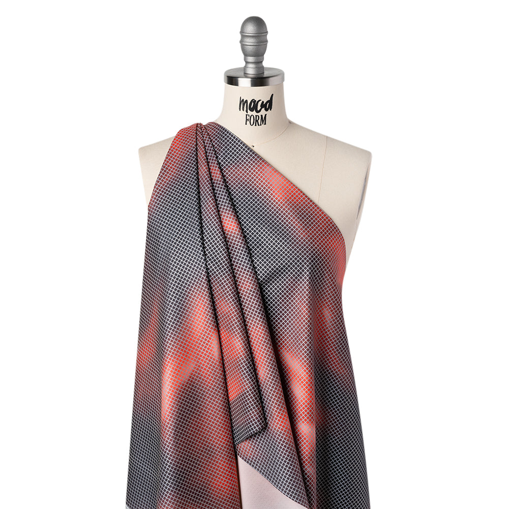 Reflective Print Fabric - Red and Black Abstract with Silver Gray Grid - Drape Reflective Print Fabric - Red and Black Abstract with Silver Gray Grid - Drape