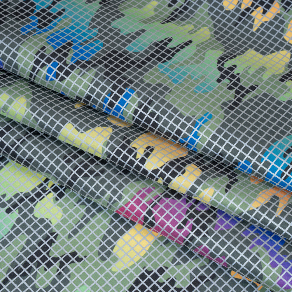 Reflective Print Fabric - Olive Green and Rainbow Camouflage with Silver Gray Grid Reflective Print Fabric - Olive Green and Rainbow Camouflage with Silver Gray Grid