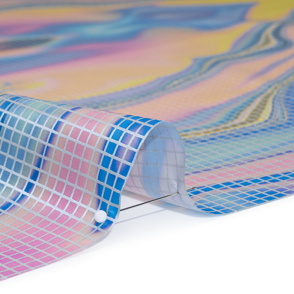 Reflective Print Fabric - Blue, Pink and Yellow Oily Abstract with Silver Gray Grid Reflective Print Fabric - Blue, Pink and Yellow Oily Abstract with Silver Gray Grid