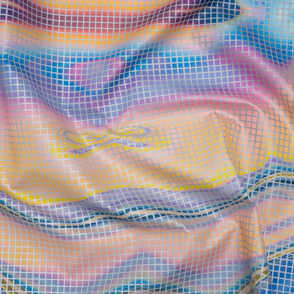 Reflective Print Fabric - Blue, Pink and Yellow Oily Abstract with Silver Gray Grid Reflective Print Fabric - Blue, Pink and Yellow Oily Abstract with Silver Gray Grid