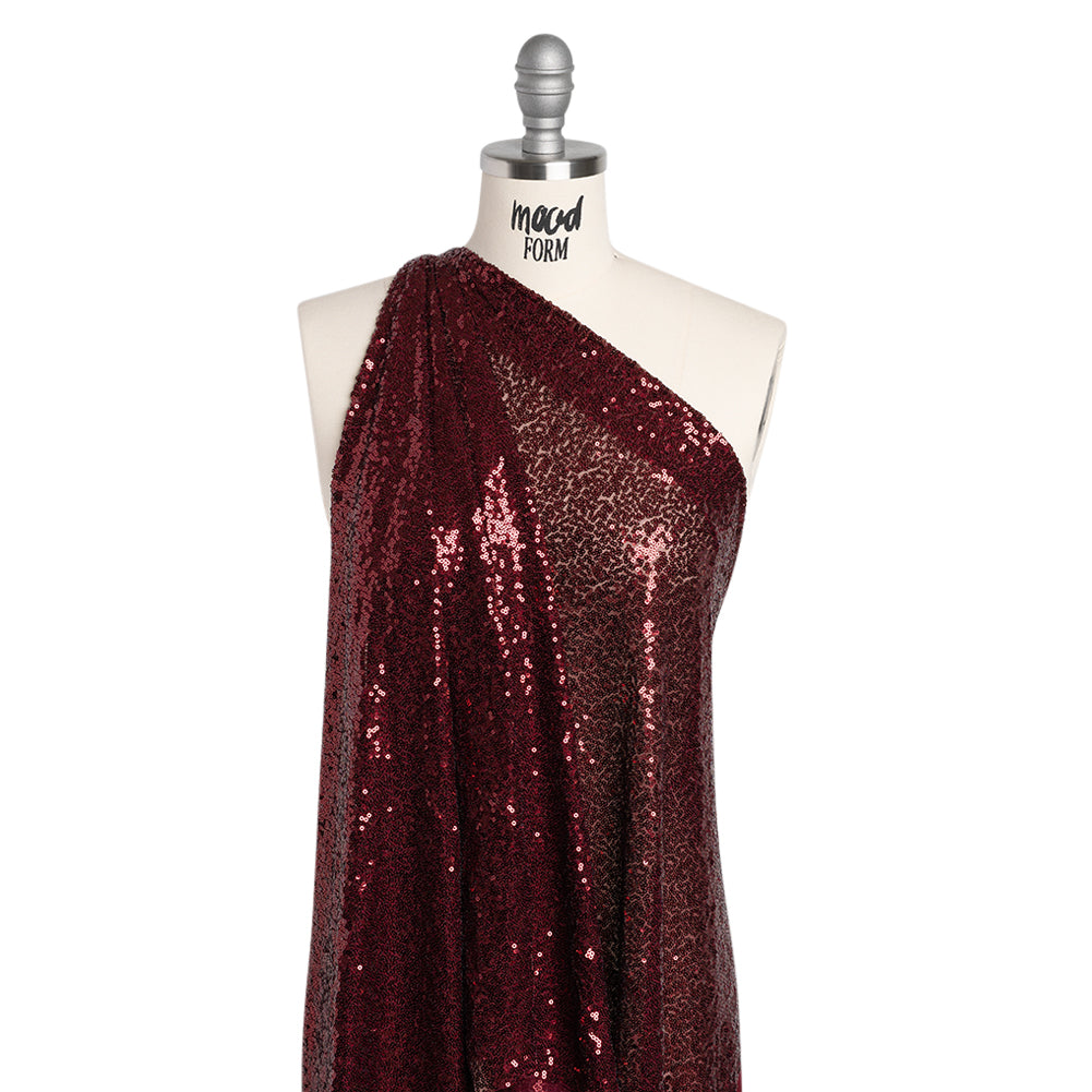 Stretch Polyester Mesh with Allover Baby Sequins - Burgundy - Designer Deadstock Stretch Polyester Mesh with Allover Baby Sequins - Burgundy - Designer Deadstock