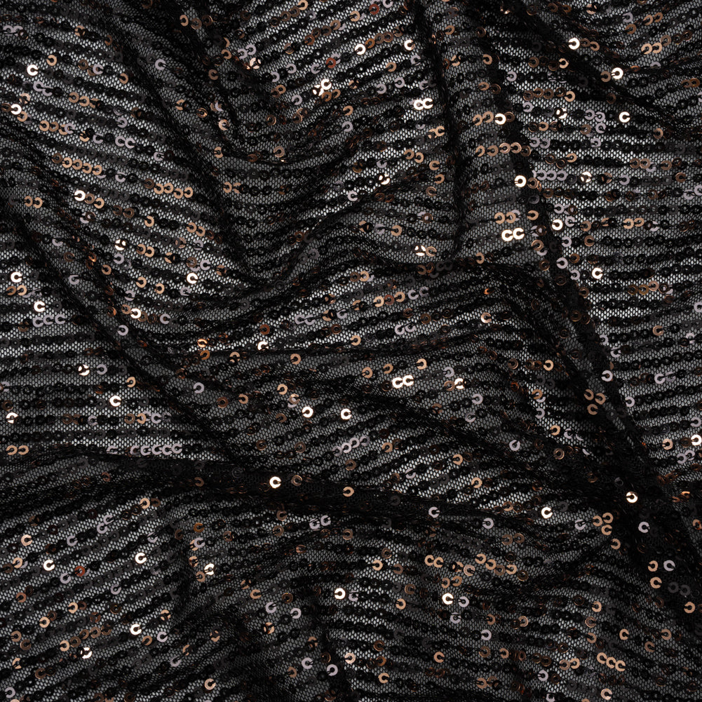 Stretch Polyester Mesh with Baby Sequins - Black and Gold Stripes - Designer Deadstock Stretch Polyester Mesh with Baby Sequins - Black and Gold Stripes - Designer Deadstock
