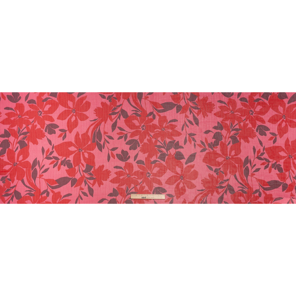 Polyester Chiffon with Metallic Pinstripes - Dark Pink, Red and Burgundy Floral - Designer Deadstock Polyester Chiffon with Metallic Pinstripes - Dark Pink, Red and Burgundy Floral - Designer Deadstock