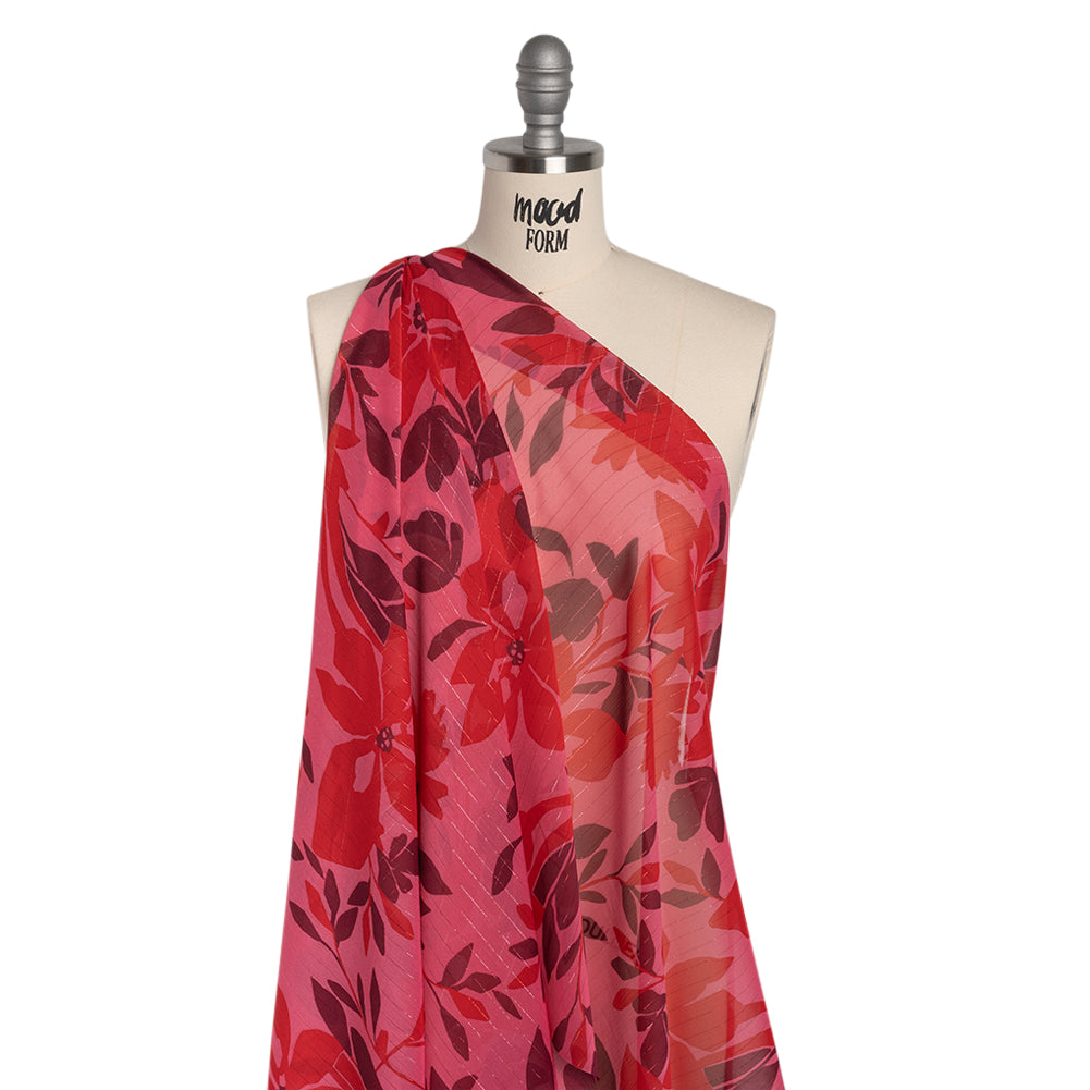 Polyester Chiffon with Metallic Pinstripes - Dark Pink, Red and Burgundy Floral - Designer Deadstock Polyester Chiffon with Metallic Pinstripes - Dark Pink, Red and Burgundy Floral - Designer Deadstock