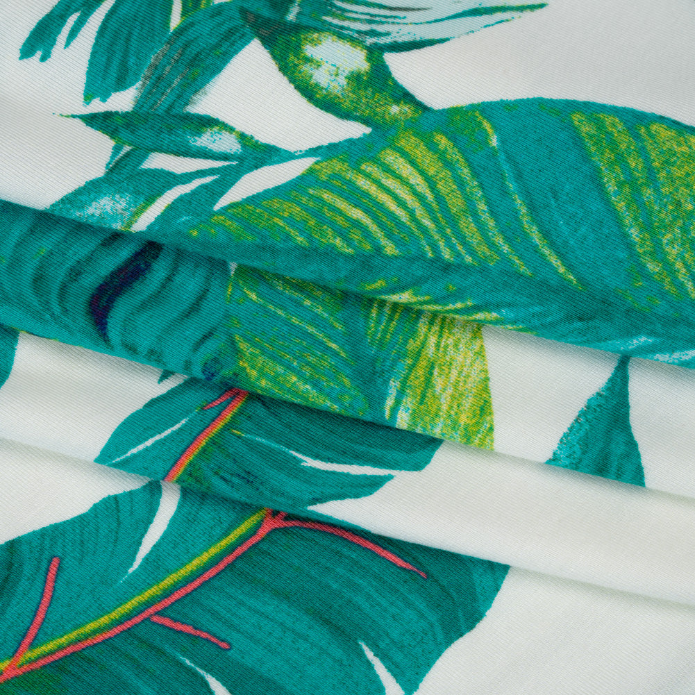 Stretch Rayon Jersey Print - Ocean Green, Lime and Pink Lush Tropical Leaves - Designer Deadstock Stretch Rayon Jersey Print - Ocean Green, Lime and Pink Lush Tropical Leaves - Designer Deadstock