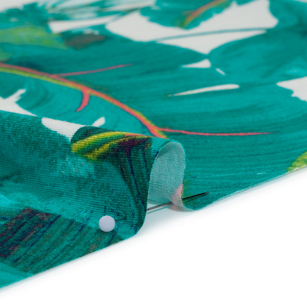 Stretch Rayon Jersey Print - Ocean Green, Lime and Pink Lush Tropical Leaves - Designer Deadstock Stretch Rayon Jersey Print - Ocean Green, Lime and Pink Lush Tropical Leaves - Designer Deadstock