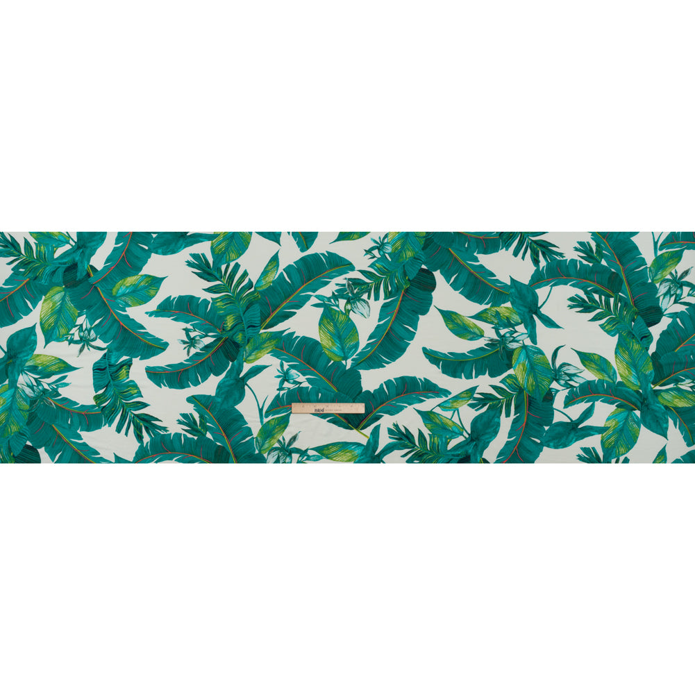 Stretch Rayon Jersey Print - Ocean Green, Lime and Pink Lush Tropical Leaves - Designer Deadstock Stretch Rayon Jersey Print - Ocean Green, Lime and Pink Lush Tropical Leaves - Designer Deadstock