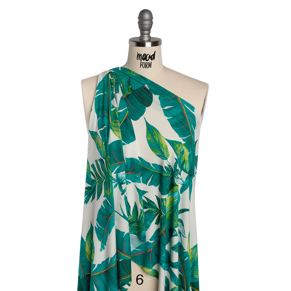 Stretch Rayon Jersey Print - Ocean Green, Lime and Pink Lush Tropical Leaves - Designer Deadstock Stretch Rayon Jersey Print - Ocean Green, Lime and Pink Lush Tropical Leaves - Designer Deadstock