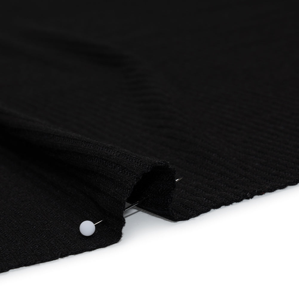 Stretch Polyester and Rayon 2x2 Rib Knit - Charcoal Black - Designer Deadstock Stretch Polyester and Rayon 2x2 Rib Knit - Charcoal Black - Designer Deadstock