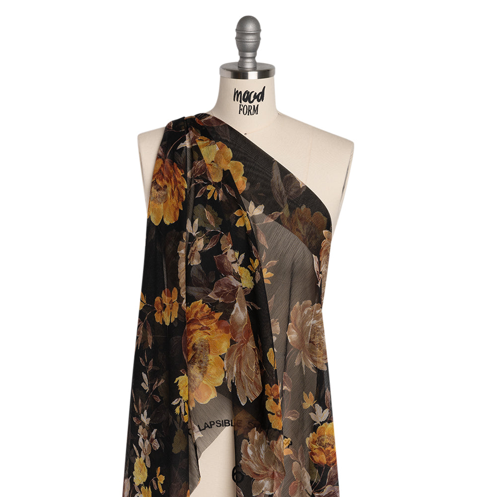 Polyester Chiffon Print with Textured Pinstripes - Black, Yellow and Orange Floral - Designer Deadstock Polyester Chiffon Print with Textured Pinstripes - Black, Yellow and Orange Floral - Designer Deadstock