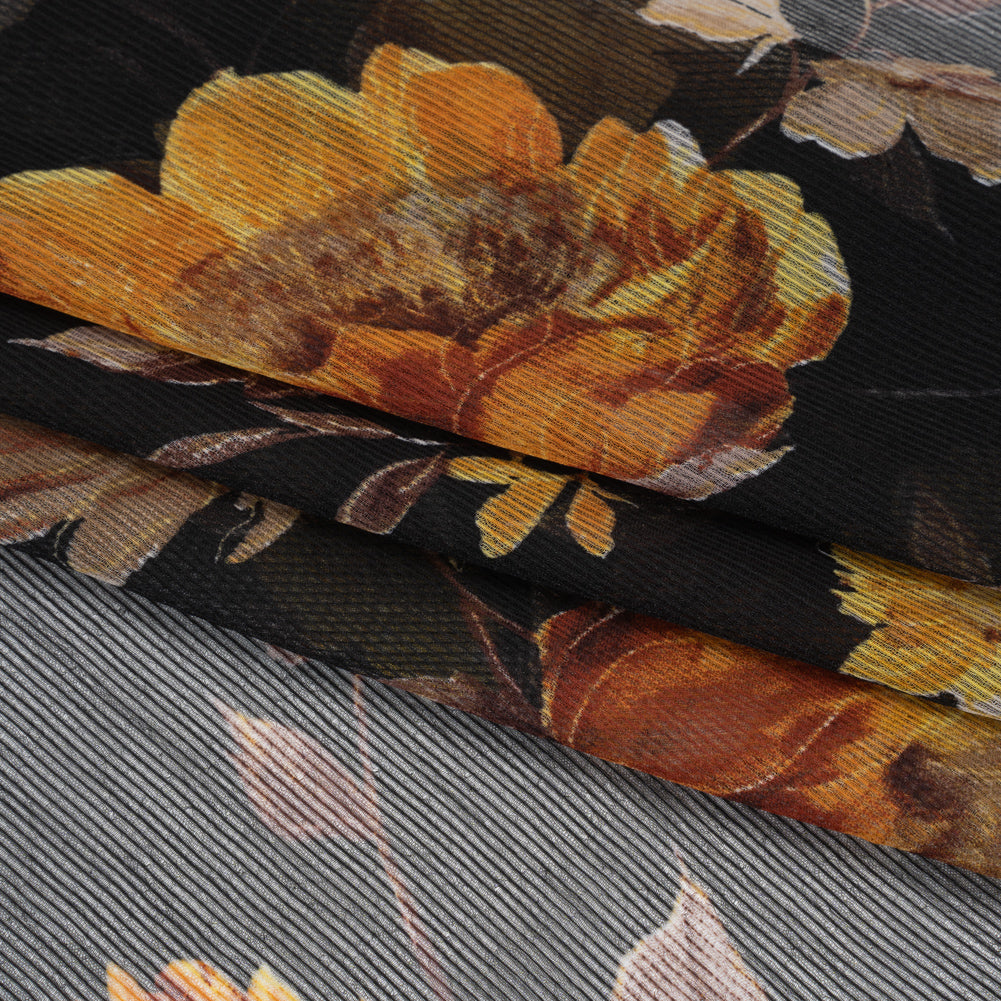 Polyester Chiffon Print with Textured Pinstripes - Black, Yellow and Orange Floral - Designer Deadstock Polyester Chiffon Print with Textured Pinstripes - Black, Yellow and Orange Floral - Designer Deadstock