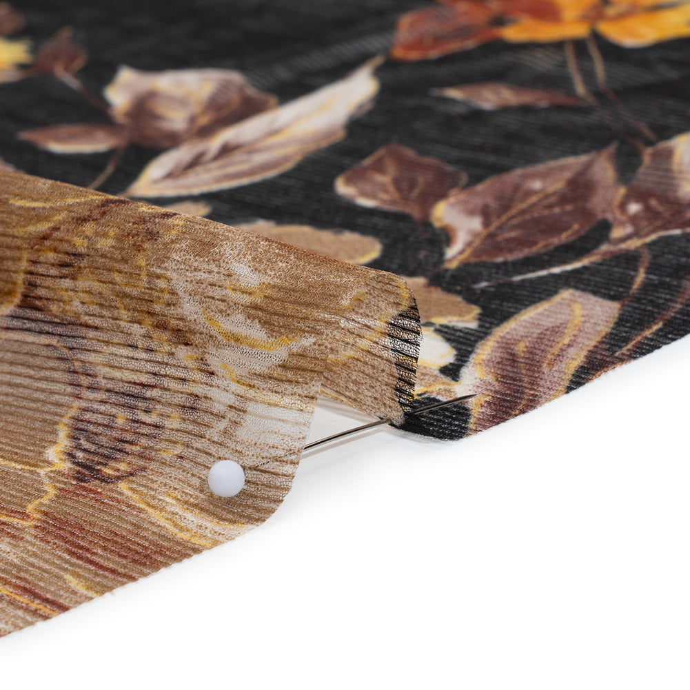 Polyester Chiffon Print with Textured Pinstripes - Black, Yellow and Orange Floral - Designer Deadstock Polyester Chiffon Print with Textured Pinstripes - Black, Yellow and Orange Floral - Designer Deadstock