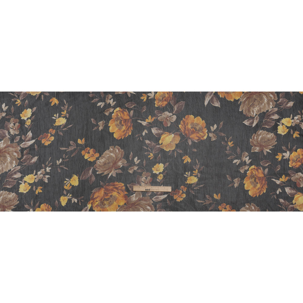 Polyester Chiffon Print with Textured Pinstripes - Black, Yellow and Orange Floral - Designer Deadstock Polyester Chiffon Print with Textured Pinstripes - Black, Yellow and Orange Floral - Designer Deadstock