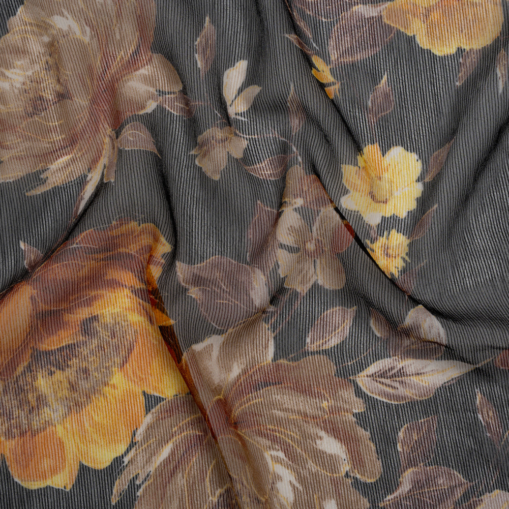 Polyester Chiffon Print with Textured Pinstripes - Black, Yellow and Orange Floral - Designer Deadstock Polyester Chiffon Print with Textured Pinstripes - Black, Yellow and Orange Floral - Designer Deadstock