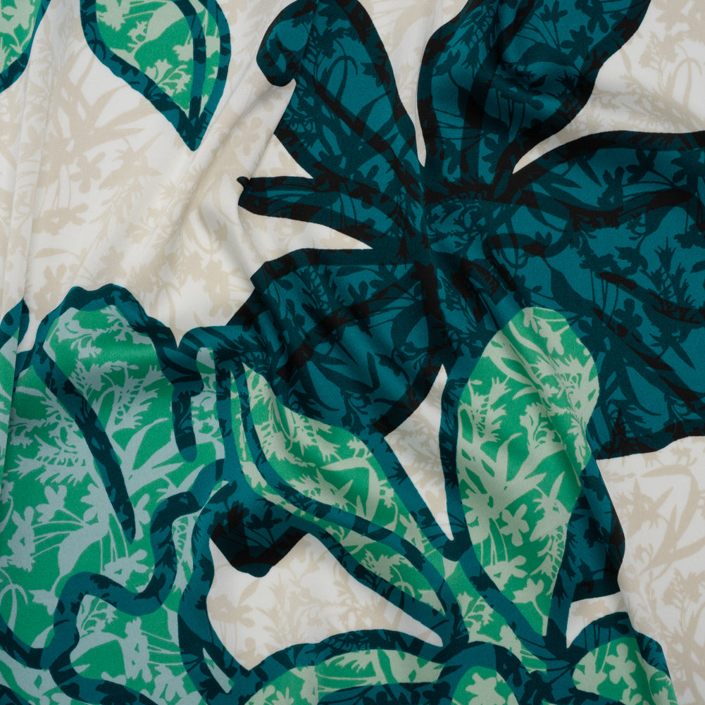 Mechanical Stretch Polyester Charmeuse Print - Beige, Teal and Green Tropical Floral Borders - Designer Deadstock Mechanical Stretch Polyester Charmeuse Print - Beige, Teal and Green Tropical Floral Borders - Designer Deadstock