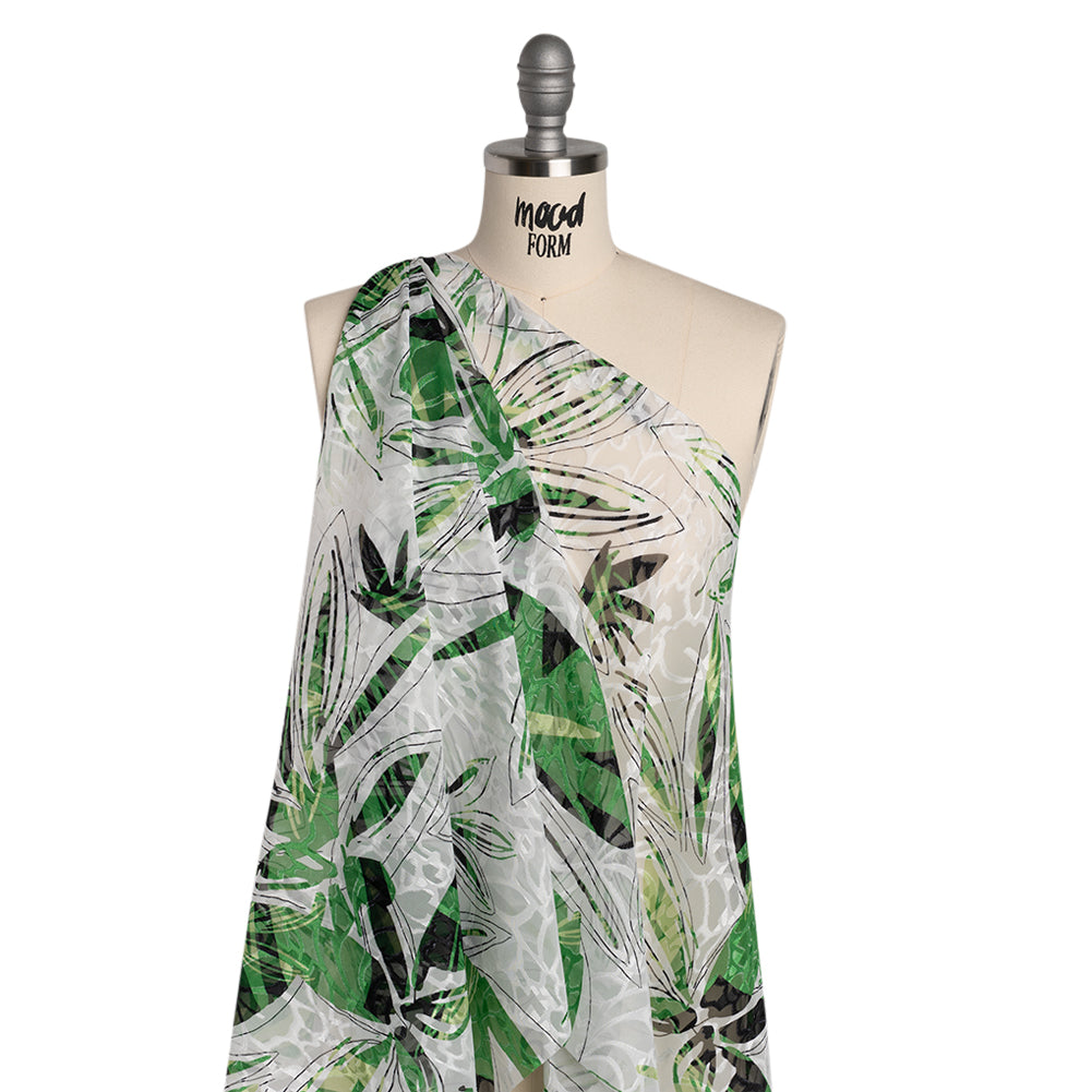Polyester Burnout Brocade Print - White, Green and Black Floral - Designer Deadstock - Folded Polyester Burnout Brocade Print - White, Green and Black Floral - Designer Deadstock - Folded