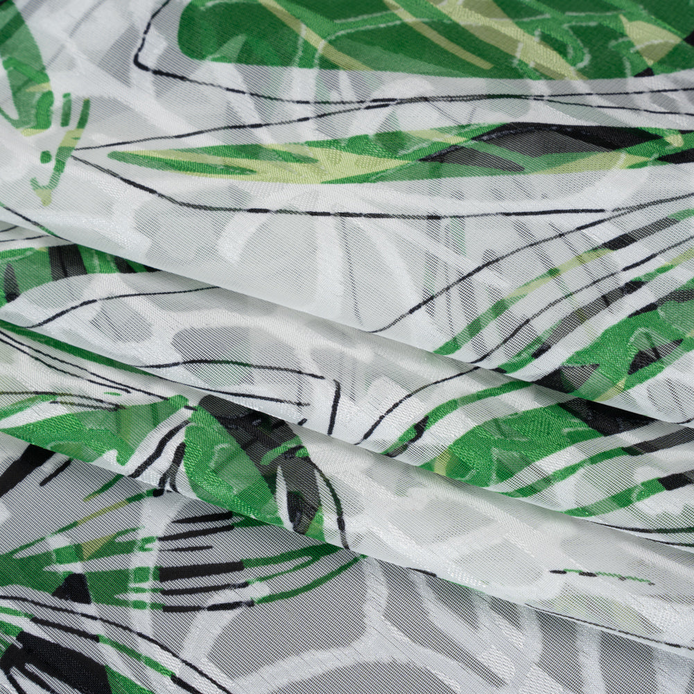Polyester Burnout Brocade Print - White, Green and Black Floral - Designer Deadstock - Detail Polyester Burnout Brocade Print - White, Green and Black Floral - Designer Deadstock - Detail