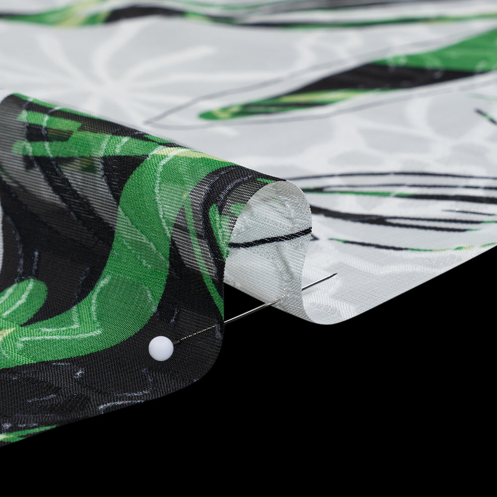 Polyester Burnout Brocade Print - White, Green and Black Floral - Designer Deadstock - Full Polyester Burnout Brocade Print - White, Green and Black Floral - Designer Deadstock - Full
