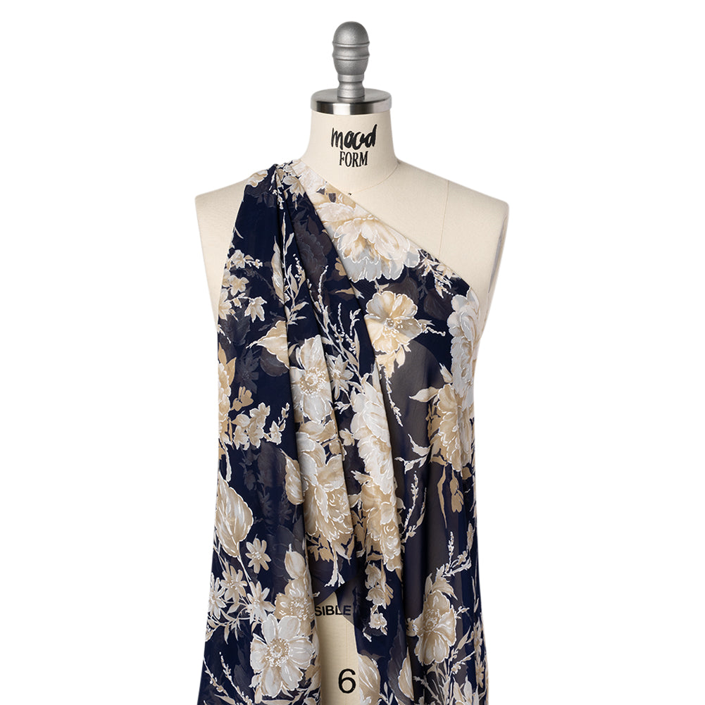 Polyester Chiffon with Puffy Print - Navy, Ivory and Tan Floral - Designer Deadstock Polyester Chiffon with Puffy Print - Navy, Ivory and Tan Floral - Designer Deadstock