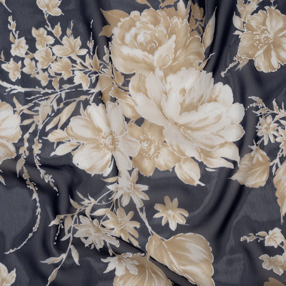 Polyester Chiffon with Puffy Print - Navy, Ivory and Tan Floral - Designer Deadstock Polyester Chiffon with Puffy Print - Navy, Ivory and Tan Floral - Designer Deadstock