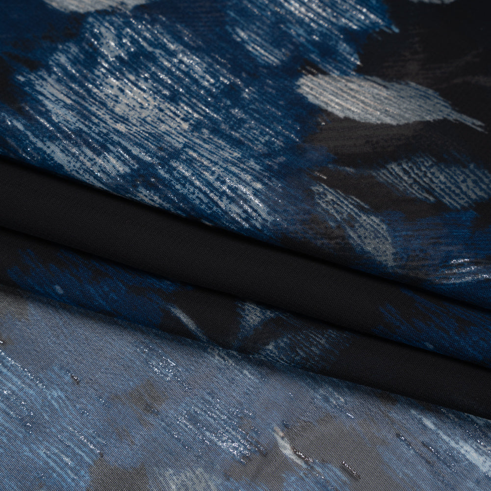 Foiled Polyester Chiffon Print - Black, Blue and Silver Ikat Roses - Designer Deadstock - Folded Foiled Polyester Chiffon Print - Black, Blue and Silver Ikat Roses - Designer Deadstock - Folded