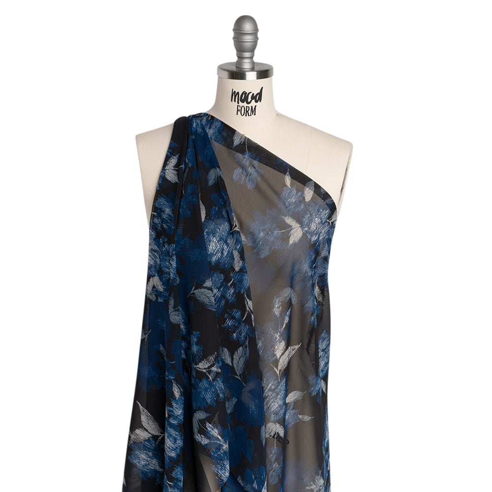 Foiled Polyester Chiffon Print - Black, Blue and Silver Ikat Roses - Designer Deadstock - Drape Foiled Polyester Chiffon Print - Black, Blue and Silver Ikat Roses - Designer Deadstock - Drape