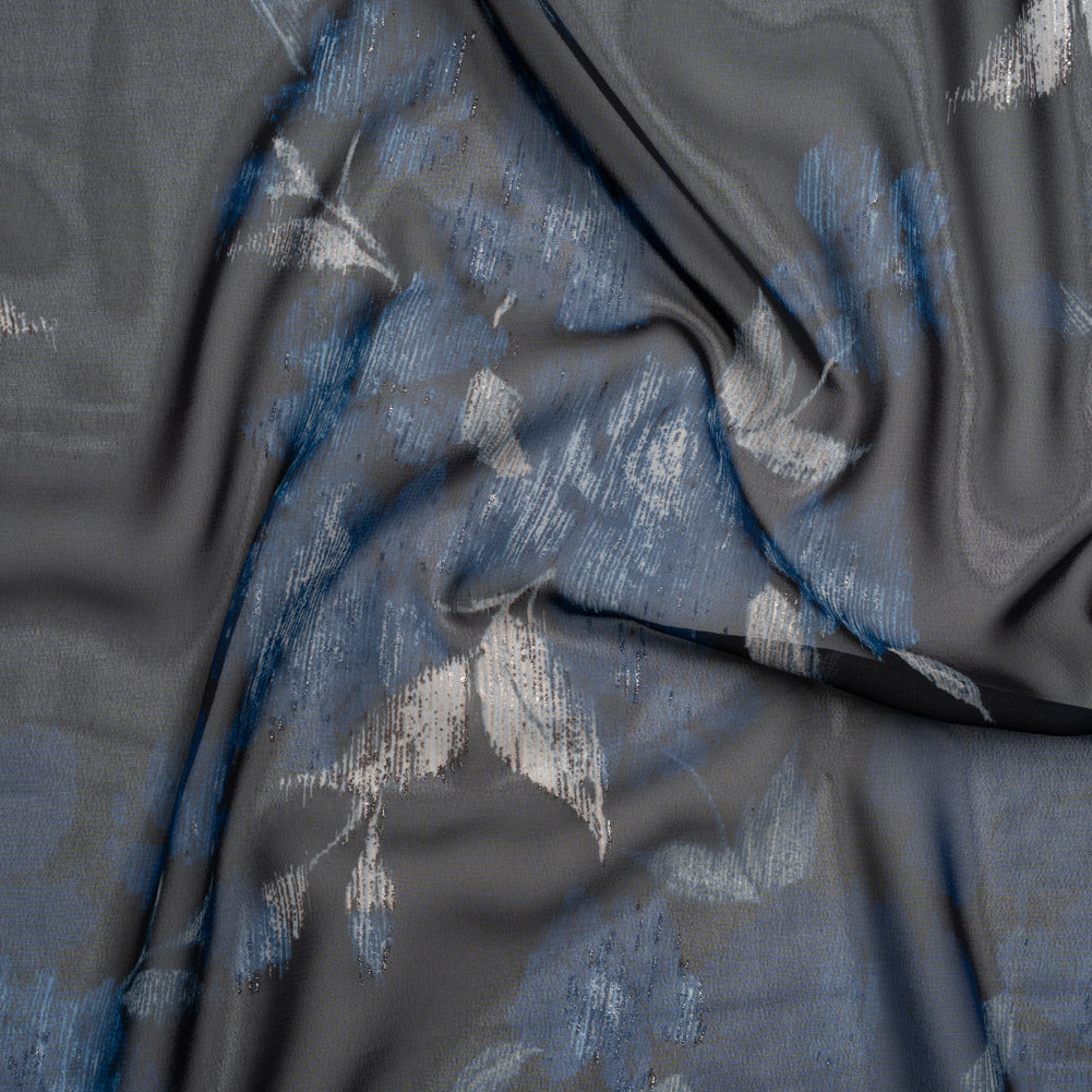 Foiled Polyester Chiffon Print - Black, Blue and Silver Ikat Roses - Designer Deadstock Foiled Polyester Chiffon Print - Black, Blue and Silver Ikat Roses - Designer Deadstock