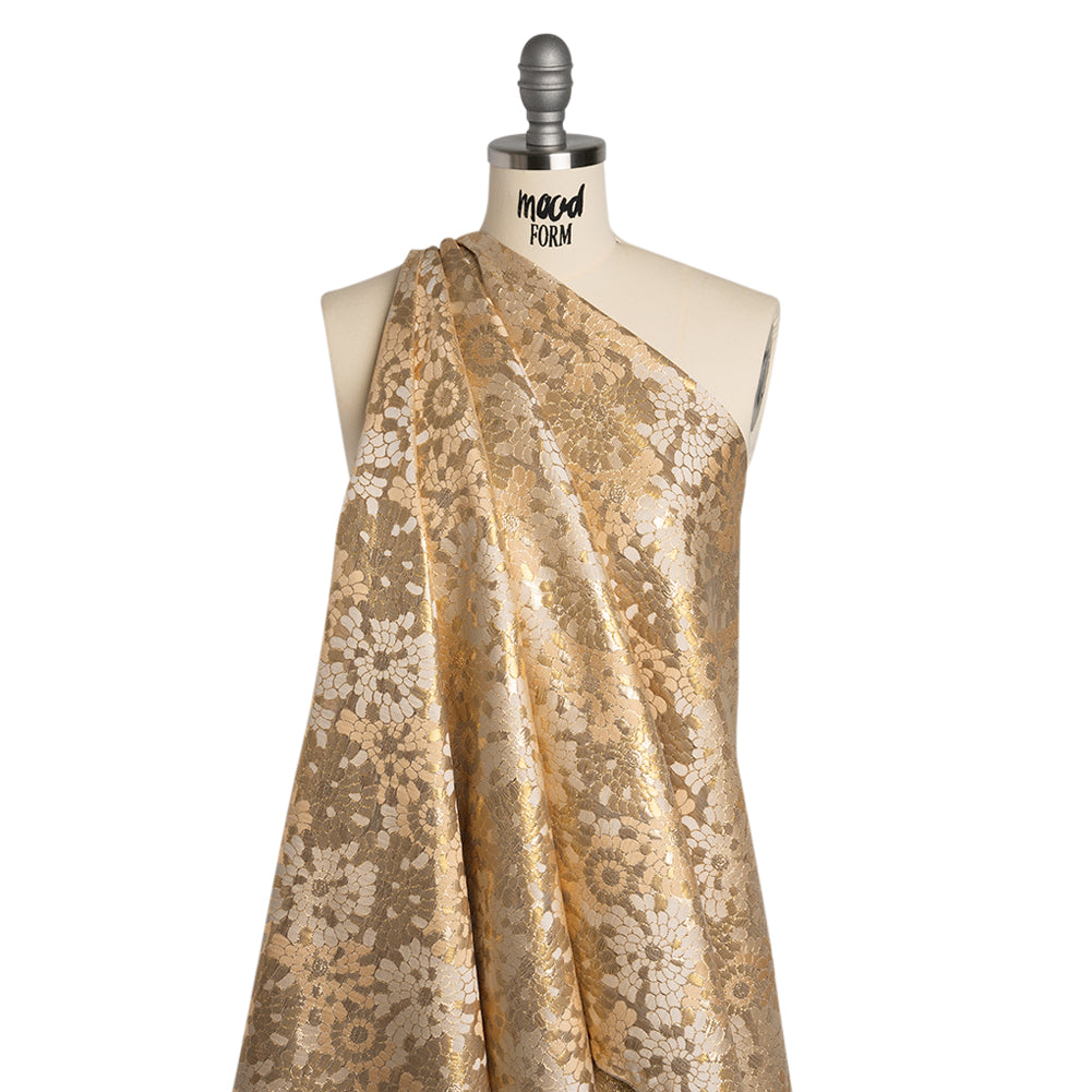 Metallic Polyester Brocade - Gold and Beige Puff Flowers - Deadstock Metallic Polyester Brocade - Gold and Beige Puff Flowers - Deadstock
