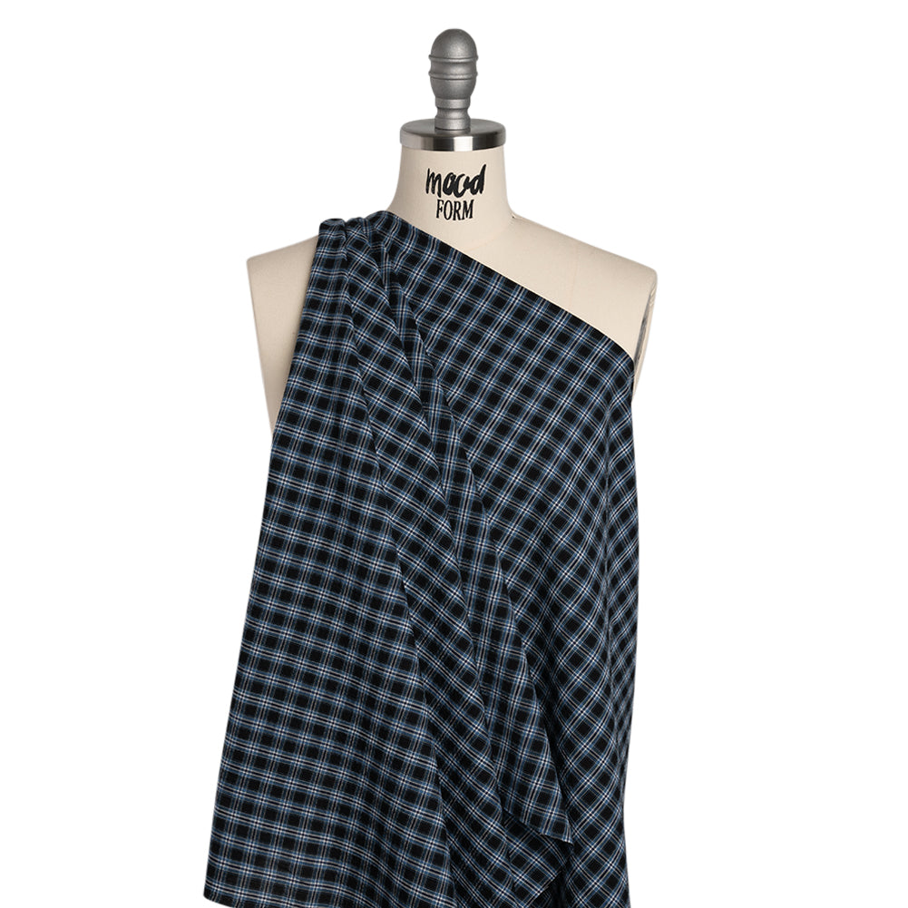 Cotton and Polyester Shirting Made in Italy - Black, Navy and White Plaid - Deadstock - Drape Cotton and Polyester Shirting Made in Italy - Black, Navy and White Plaid - Deadstock - Drape