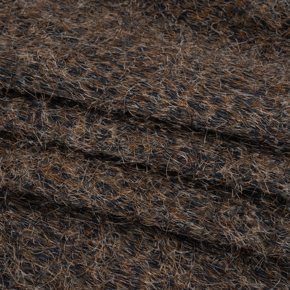 Polyester and Cotton Woven with Eyelash Fringe - Black and Brown Leopard Spots - Deadstock Polyester and Cotton Woven with Eyelash Fringe - Black and Brown Leopard Spots - Deadstock