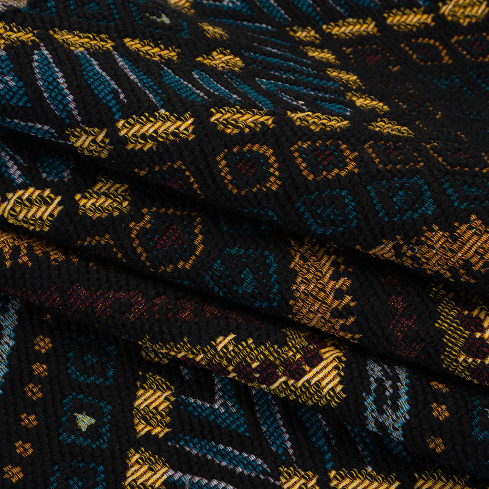 Textured Polyester and Cotton Jacquard Made in Italy - Black, Teal and Golden Yellow Organic Chevrons - Deadstock Textured Polyester and Cotton Jacquard Made in Italy - Black, Teal and Golden Yellow Organic Chevrons - Deadstock