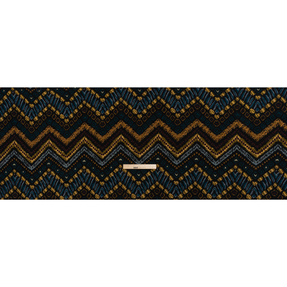 Textured Polyester and Cotton Jacquard Made in Italy - Black, Teal and Golden Yellow Organic Chevrons - Deadstock Textured Polyester and Cotton Jacquard Made in Italy - Black, Teal and Golden Yellow Organic Chevrons - Deadstock